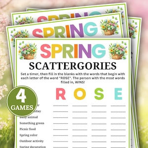 Könnte beinhalten: Ein Stapel bunter Scattergories-Spielblätter zum Thema Frühling. Jedes Blatt zeigt das Wort "SPRING" in großen, mehrfarbigen Buchstaben, eine Blumengrafik und die Spielanweisungen. Das Spiel enthält Kategorien wie "Baby Tier" und "Picknick Essen".