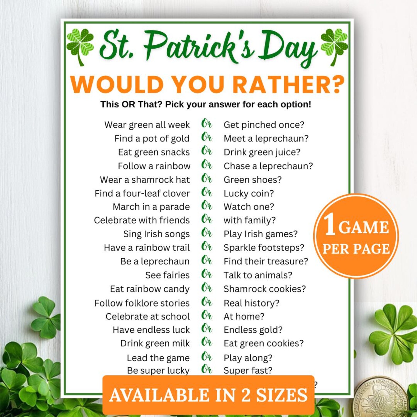 Irish Rizzes St Patrick's Day This or That Game, Would You Rather Game, St Paddy's ...