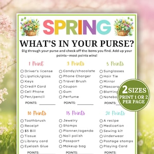 Pode incluir: Uma folha de jogo imprimível com tema de primavera intitulada "What's in Your Purse?" com um design floral colorido. O jogo lista itens com valores de pontos, como carteira de motorista, óculos de sol e uma receita. A folha está disponível em dois tamanhos.
