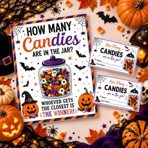 May include: A Halloween-themed game set featuring a large sign and two smaller cards with the text "HOW MANY CANDIES ARE IN THE JAR?" and "WHOEVER GETS THE CLOSEST IS THE WINNER!" The design includes illustrations of a candy-filled jar, pumpkins, bats, and spiderwebs.