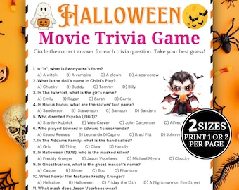 Halloween-Film-Trivia-Spiel, druckbare Film-Trivia, Horrorfilm-Trivia, Gruseliger Film Quiz, Teen Halloween-Spielabend, Erwachsene Halloween-Spiel