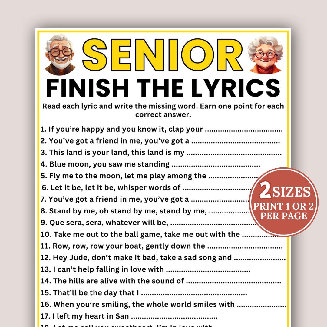 Senior Finish the Lyrics Game, Printable Games for Senior Citizens ...