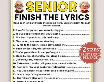 Może przedstawiać: Arkusz gry Senior Finish the Lyrics z żółtym nagłówkiem i czerwono-białą grafiką kołową. Arkusz gry zawiera listę tekstów piosenek z pustymi miejscami do uzupełnienia brakujących słów. Dwie kreskówkowe osoby starsze.