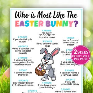 May include: A colorful Easter-themed game sheet with the title "Who is Most Like The Easter Bunny?" The sheet features a cartoon bunny holding a basket of Easter eggs. Text includes point values for various Easter-related activities. The sheet is available in two sizes.