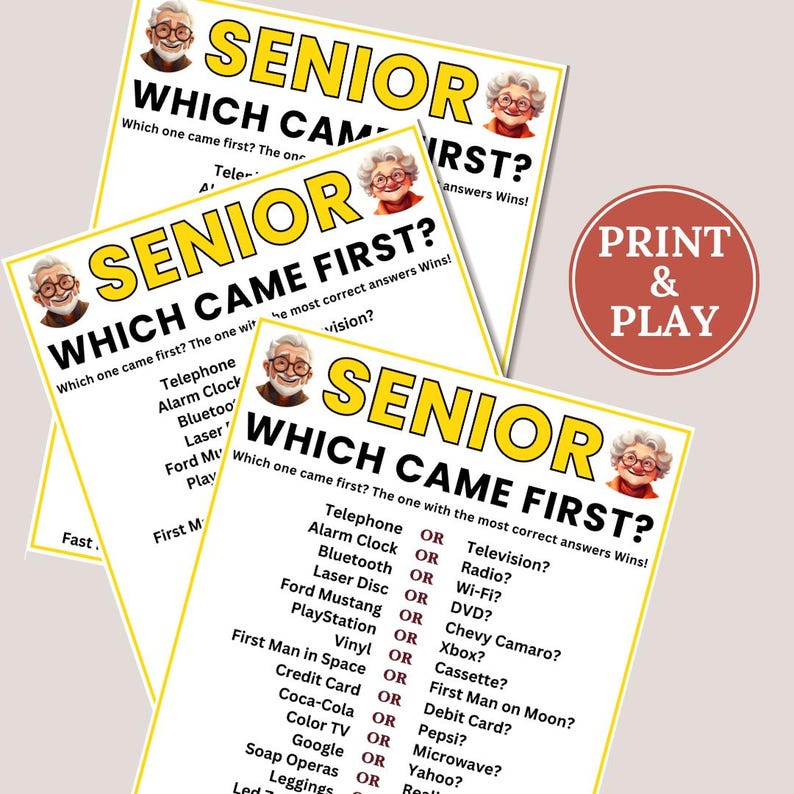 Which Came First Trivia Game, Games for Senior Citizens, Fun Elderly Games, Seniors Memory Game, Senior Party Games, Brain Games for Seniors
Game for Senior Citizens, Game for Elderly Icebreaker Games, Elderly Game, Birthday Game for Senior Brain Teasers, Seniors Memory Game
Which Came First Trivia Games, Pop Culture Trivia Games, Games for Senior Citizens, Fun Elderly Games, Senior Memory Games, Office Party