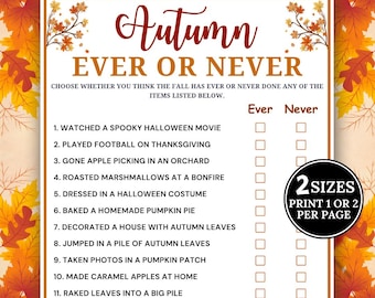 Juego imprimible de otoño "Ever or Never", juegos de fiesta de otoño "Nunca lo he hecho", juegos de otoño para familias, niños y adultos, juego para romper el hielo en Acción de Gracias