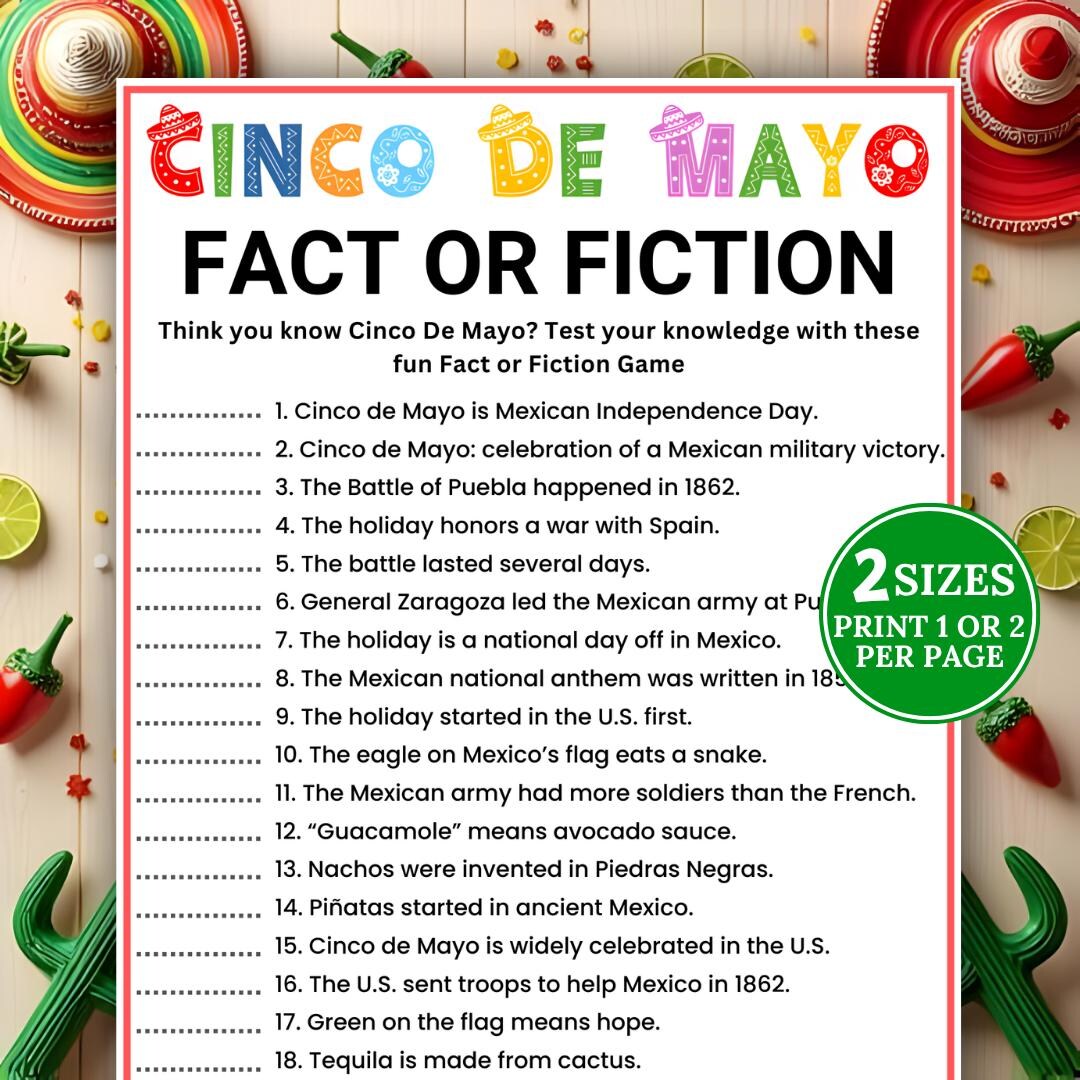 Cinco De Mayo Fact or Fiction Game, Facts or Fiction, True or False ...
