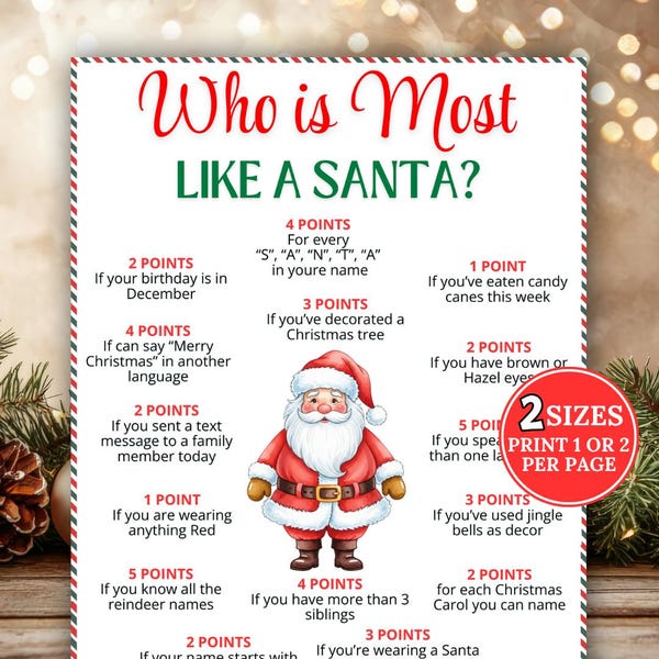 Who is Most Like Santa Game, Christmas Game, Christmas Activity, Santa trivia game, Fun Holiday Game For Kids Adults, Icebreaker Group Game