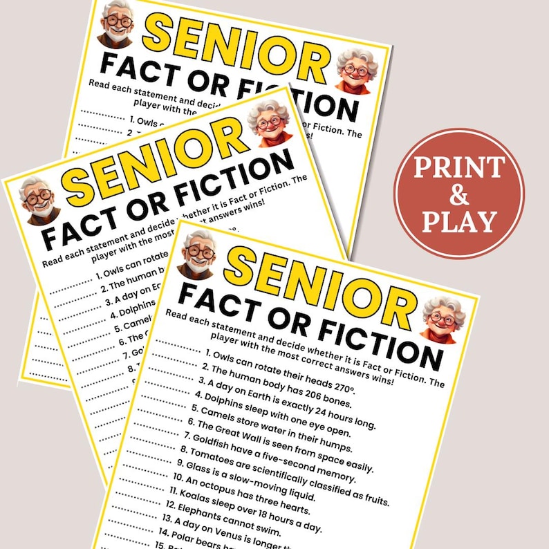 Senior Fact or Fiction Game, Games for Senior Citizens, True or False ...