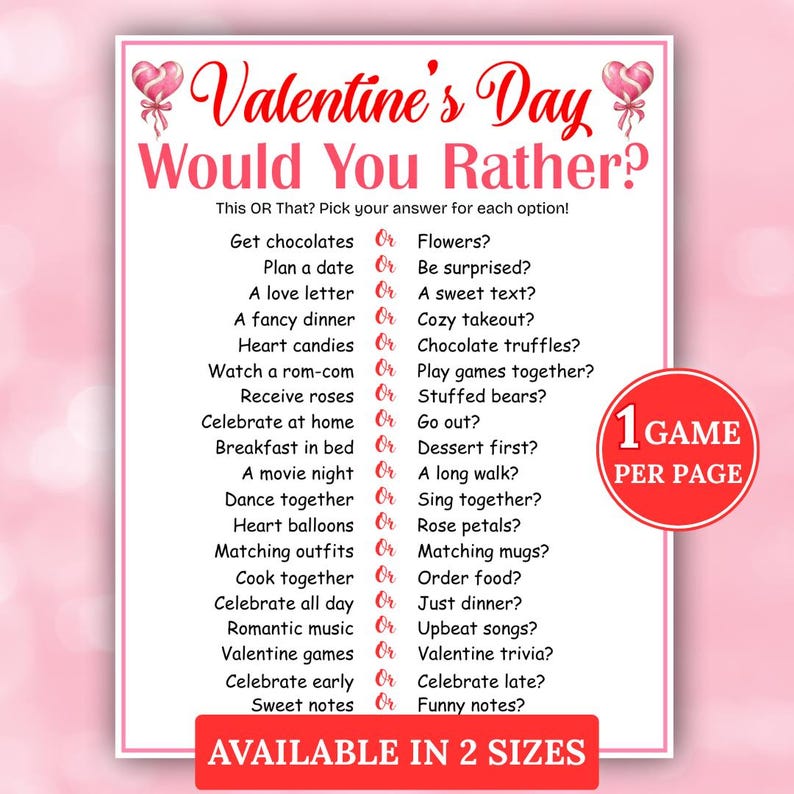 Valentine's Day This or That Game, Would You Rather Game, Party Games ...
