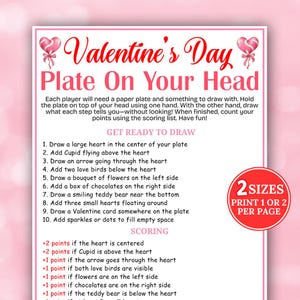 May include: A Valentine's Day game titled "Plate On Your Head" with instructions and a scoring list. The design includes pink hearts and text in a decorative font. The game is available in two sizes.