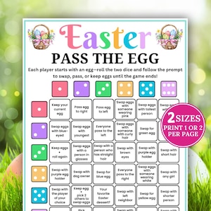 May include: A colorful Easter-themed game board titled "Pass the Egg" with instructions and prompts for players. The board features dice, egg illustrations, and text prompts like "Swap eggs with someone wearing pink."
