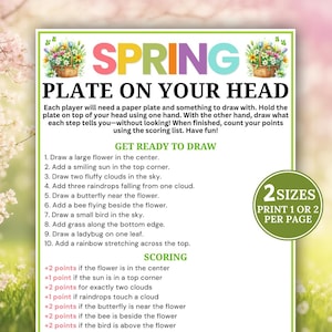 Puede incluir: Una colorida hoja de juego imprimible titulada "Spring Plate on Your Head". Las instrucciones guían a los jugadores para dibujar varios elementos de primavera en un plato de papel con los ojos vendados. Incluye una guía de puntuación y opciones de dos tamaños de impresión.