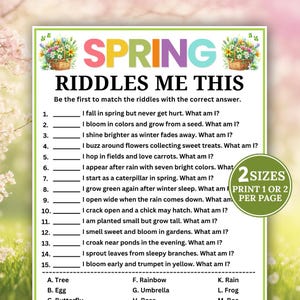 May include: A colorful spring-themed game with the text "SPRING RIDDLES ME THIS." The game features riddles with fill-in-the-blank answers and a list of possible answers. The design includes floral basket illustrations.