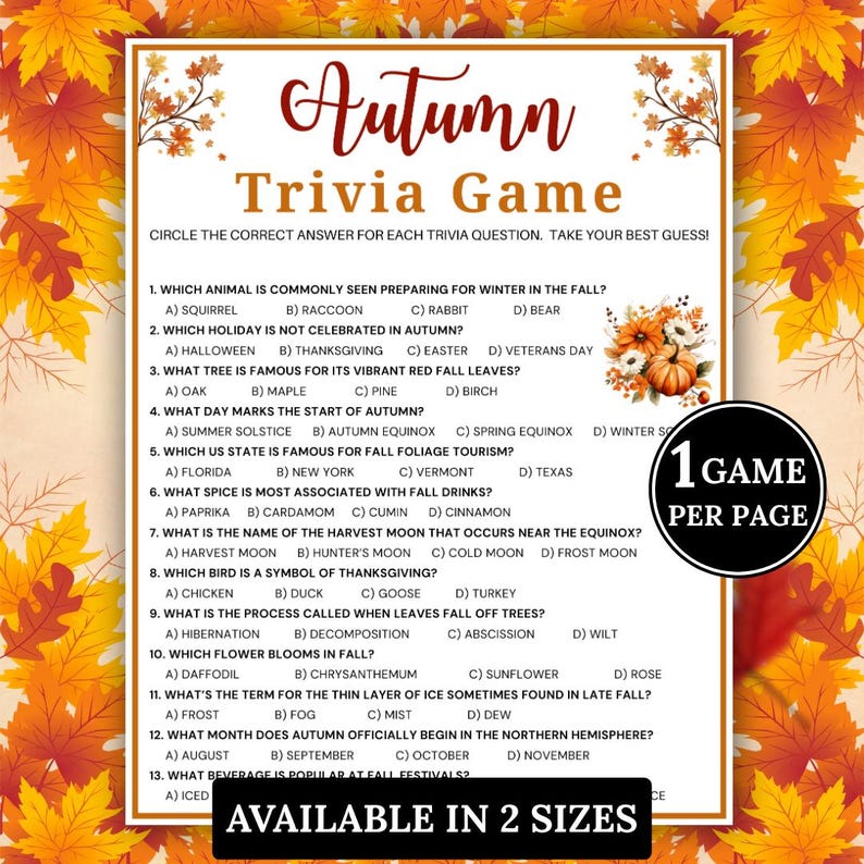 Autumn Trivia Game, Printable Autumn Games, Fall Games, Fall Trivia ...