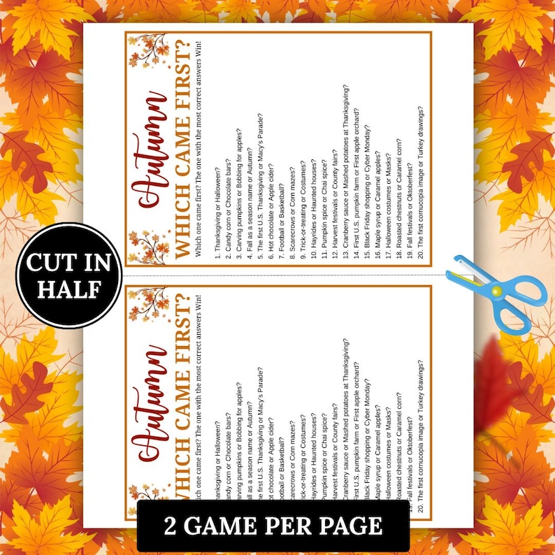 Fall Which Came First, fall Season, Autumn Match UpTrivia Game, , Senior Game night, family game activity, Kids Teen Adult party guess games