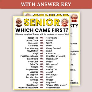 Trivia Games, Games for Senior Groups, Trivia for Seniors, Senior Activities, Memory Brain Games, Elderly Party Game
Senior Which Came First Game, Memory Trivia Game for Seniors, Nostalgia Quiz, Senior Activity Printable, Retirement Party Game
Senior Which Came First Quiz,Games for Senior Citizens, Elder Memory Care, Brain Games for Retirement Communities & Senior Centers Pop Culture
Game for Senior Citizens – Which Came First? | Elderly Icebreaker Games | Senior Brain Teasers and Memory Game