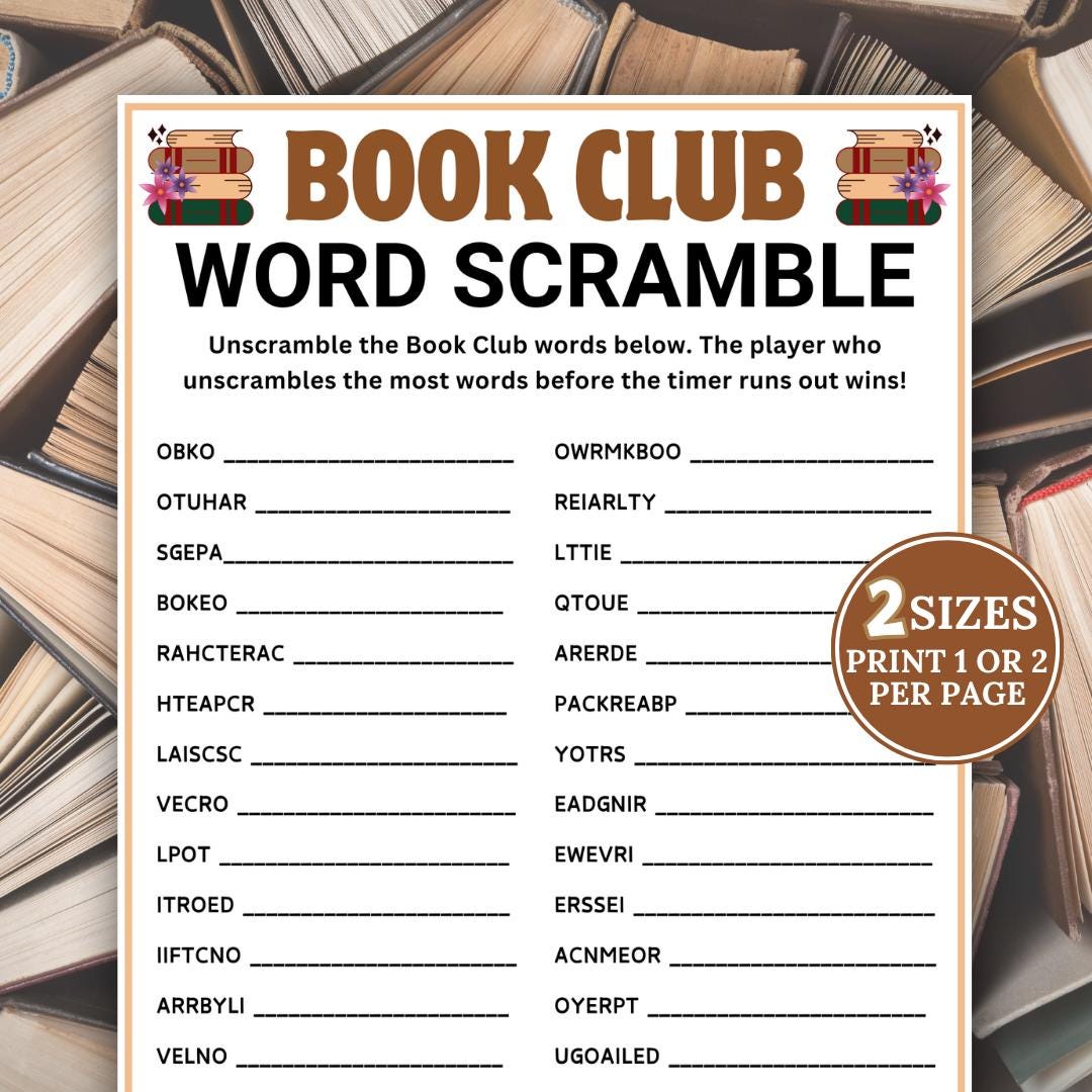 Word Club Book Club Word Scramble Game, Book Club Games, Book Club Party Game ...