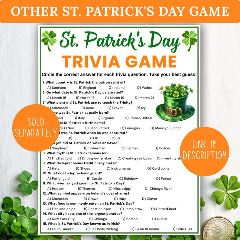St. Patrick’s Day Fact or Fiction? | St. Patrick’s Day Trivia Game | Fun St. Patrick’s Day Game | St. Patrick’s Day Kid and Adult Games | Printable Games
St. Patrick’s Day Fact or Fiction Trivia Game: Family Fun (Digital Download), St. Patrick’s Day Fact or Fiction Game: Fun Trivia Quiz (Printable PDF)
St. Patrick’s Day Fact or Fiction Game, St. Patricks Day Party Game, True or False Love Quiz, Seniors & Friends Activity, Printable St. Patrick’s Fun