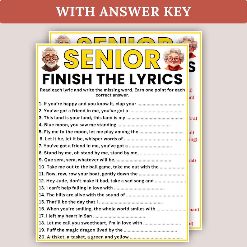 Senior Finish the Lyrics Game, Printable Games for Senior Citizens ...