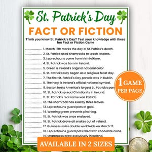 INSTANT DOWNLOAD St Patrick's Day Fact Or Fiction Game Printable - St Paddy's Day Party Game Printable - Irish Trivia Game
St. Patrick’s Day True or False Game, Printable Irish Trivia Quiz, St Paddy’s Day Party Activity, Fun Holiday Game for Kids & Adults
St Patricks Day Games, Fact or Fiction, St Patricks Party Games, Bible Games, Sunday School Games, Womens Ministry Games, Irish Party Games
