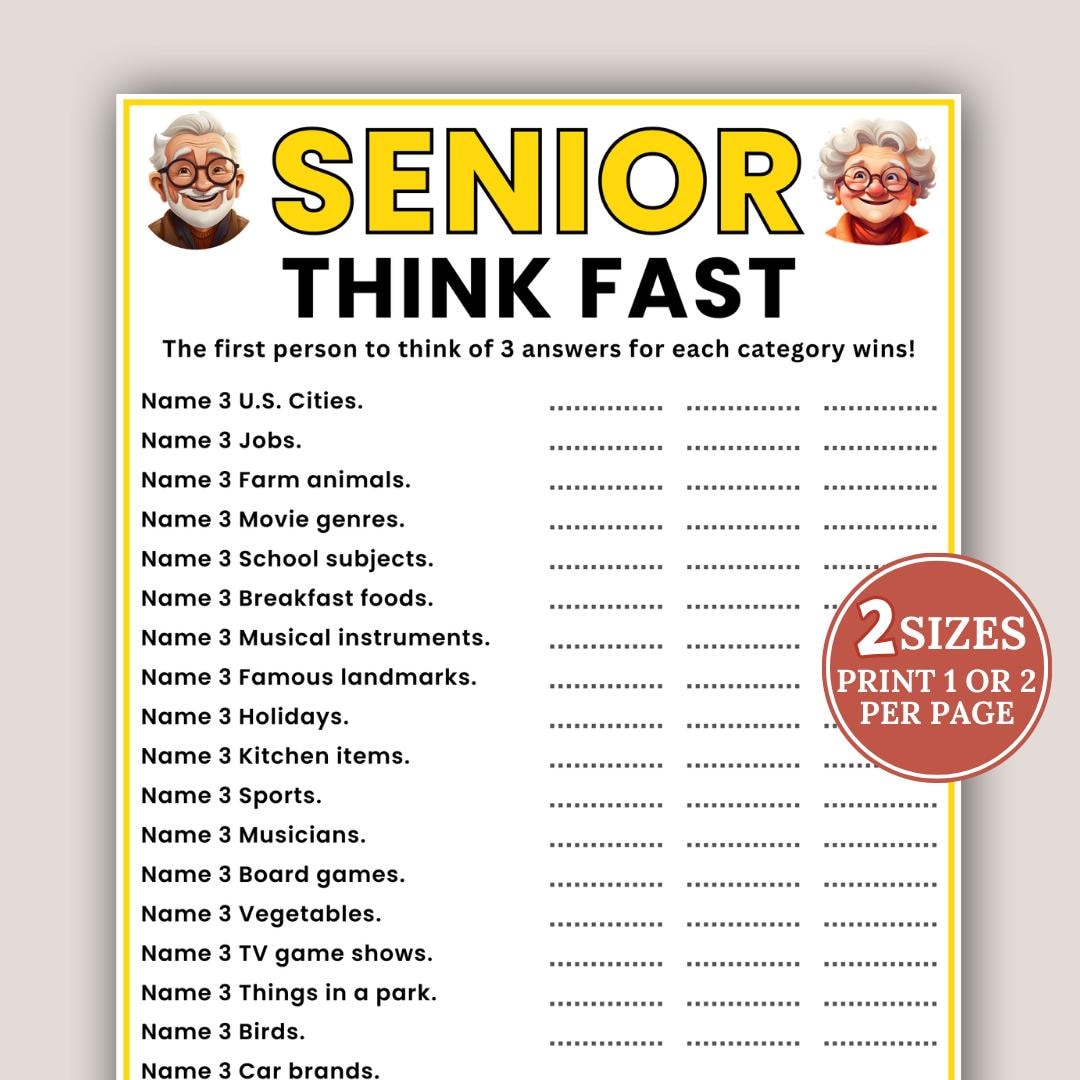 Senior Think Fast Game, Think Quick Game, Games for Senior Citizens ...