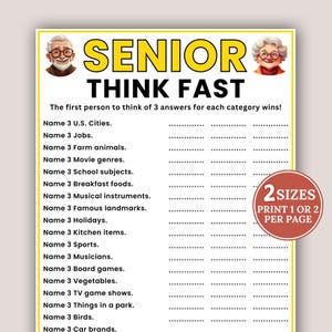 以下が含まれることがあります： 「SENIOR THINK FAST」というタイトルの印刷可能なゲームシート。米国の都市、仕事、スポーツなどのカテゴリーがあります。シートには、年配の男性と女性のイラストが含まれています。円形のグラフィックは、ゲームが2つのサイズで利用可能であることを示しています。