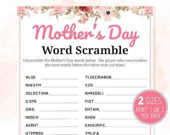 Mother's Day Word Scramble Game, Printable Mothers day Games, Word Unscramble, Classroom Game, Mothers Day Party Games for Kids & Adults