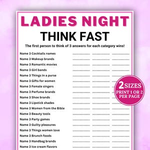 Puede incluir: Una hoja de juego rosa de Ladies Night con el texto "THINK FAST". La hoja incluye categorías como cócteles, marcas de maquillaje y películas románticas. También es visible el texto "2 SIZES" y "PRINT 1 OR 2 PER PAGE".