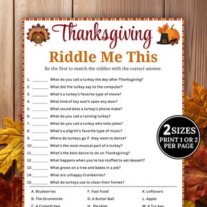 Könnte beinhalten: Druckbares Spiel zum Thema Thanksgiving mit dem Titel "Riddle Me This". Das Design zeigt einen Truthahn und Herbstlaub. Das Spiel enthält Rätsel mit Multiple-Choice-Antworten. Der Text "2 Sizes Print 1 or 2 Per Page" ist ebenfalls enthalten.