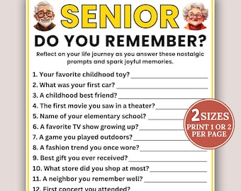Könnte beinhalten: Ein druckbares "Senior Do You Remember?" Spielblatt mit Aufforderungen, um Erinnerungen zu wecken. Enthält Illustrationen eines älteren Mannes und einer älteren Frau mit Text in Gelb und Schwarz. Enthält Optionen zum Drucken von einem oder zwei pro Seite.