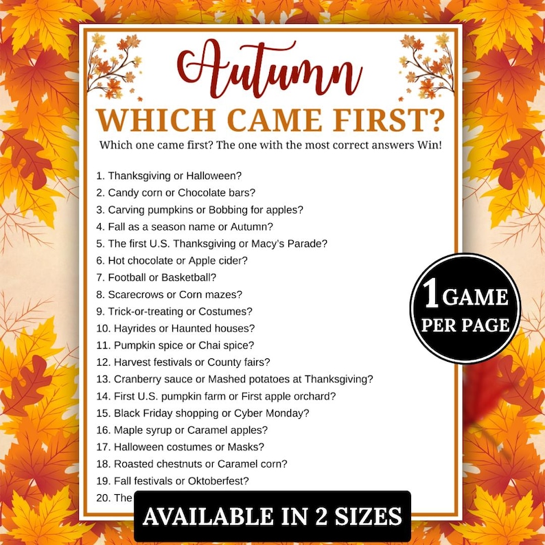 Fall Harvest Which Came First Game, Fun Autumn Activities for Fall, Adult Games for Fall Senior Games, Fall Activity for Kids Fall Trivia