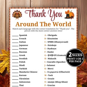 May include: A Thanksgiving-themed game sheet with the words "Thank You Around The World" in a decorative font. The sheet includes a matching game with various languages and their translations for "Thank You". The sheet is decorated with fall leaves and a turkey.