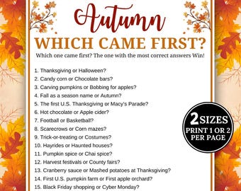 Fall Which Came First Game, Fall Trivia Game, Printable Autumn Quiz Game, Fall Office Party Game, Senior Memory Challenge, Family Game Night