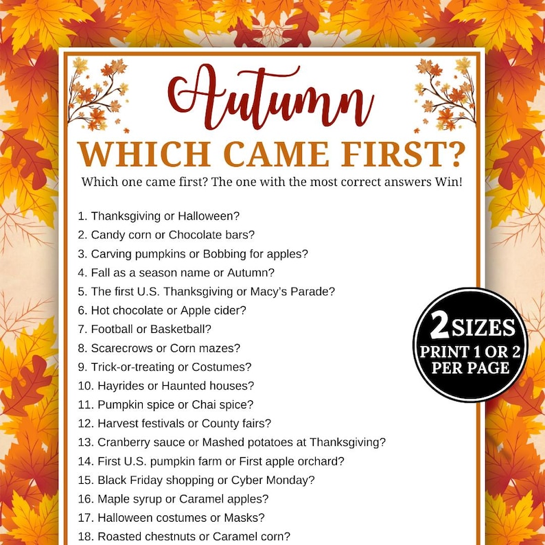 Fall Trivia Game, Autumn Which Came First Quiz, Fall Season Office Party Game,Family Game Night,Senior Memory Challenge,Party Printable Quiz