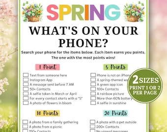 Spring What's on Your Phone Game, Spring Party Game, Printable Cell Phone Game, Family Reunion Games, Spring Activity, Phone Scavenger Hunt