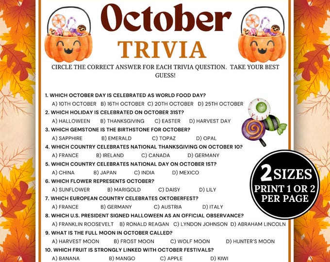 October Trivia Game, Printable October Quiz, Fall Games, Fall Party ...