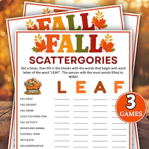 May include: A printable Fall Scattergories game sheet featuring the title FALL in colorful autumn leaf graphics. The game includes instructions, a basket of pumpkins illustration, the word LEAF, and categories like Fall Fruit and Fall Drink.