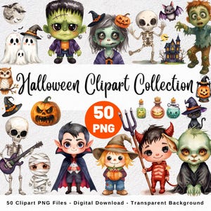 May include: A digital Halloween Clipart Collection featuring various spooky characters and elements. Includes Frankenstein, a zombie, a skeleton, a vampire, a scarecrow, and a devil. The collection also includes pumpkins, potion bottles, and a haunted house. The text reads "Halloween Clipart Collection".