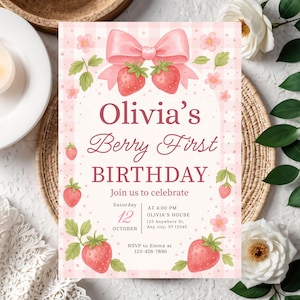 Berry First Birthday Invitation, Strawberry Birthday Invite, Berry Sweet Party,Editable 1st Birthday Girl Canva Birthday Invitation Template