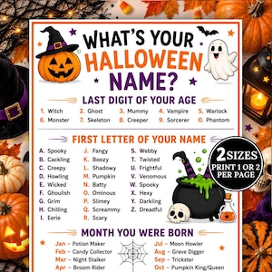 May include: A white Halloween game sign titled What's Your Halloween Name? featuring a jack-o'-lantern, a ghost, and a black cauldron. The text lists categories based on age, name, and birth month, with a black circular badge stating 2 Sizes.