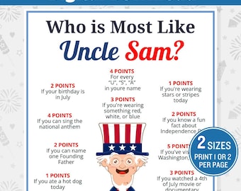 4th of July Games, Who Is Most Like Uncle Sam, Patriotic Game, Printable Independence Day, Family Reunion Game, Group Game,Office Party Game
