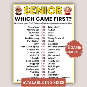 Senior Which Came First Game, Games for Seniors, Elderly Care, Senior Citizens, Retiree Game Printable, History Questions, Instant Download
Which Came First Trivia Game – Fun Senior Games, Brain Games, Retirement & Office Party Games, Slumber Party Games, Holiday Trivia Game
Senior Which Came First Game, Nostalgia Trivia & Memory Quiz, Printable Senior Activity, Retirement and Party Brain Game, Printable Games