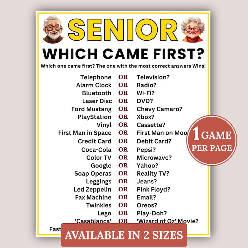 Senior Which Came First Game, Games for Seniors, Elderly Care, Senior Citizens, Retiree Game Printable, History Questions, Instant Download
Which Came First Trivia Game – Fun Senior Games, Brain Games, Retirement & Office Party Games, Slumber Party Games, Holiday Trivia Game
Senior Which Came First Game, Nostalgia Trivia & Memory Quiz, Printable Senior Activity, Retirement and Party Brain Game, Printable Games