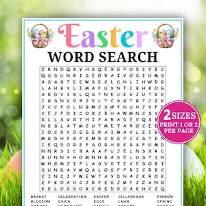 May include: Easter-themed word search puzzle with colorful text and illustrations. The puzzle features a grid of letters with hidden words related to Easter, such as "basket" and "eggs". Includes a pink circle with the text "2 sizes print 1 or 2 per page".