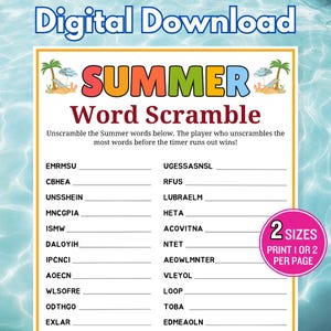 Summer Word Scramble Game, Printable Summertime Games, Word Unscramble, Summer Activities for kids & Adults, Summer Classroom Party Games