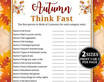 Fall Think Fast Game, Fall Trivia Game, Autumn Games, Icebreaker Game, Think Quick Game, Party Games for Kids and Adults, Family Quiz Game