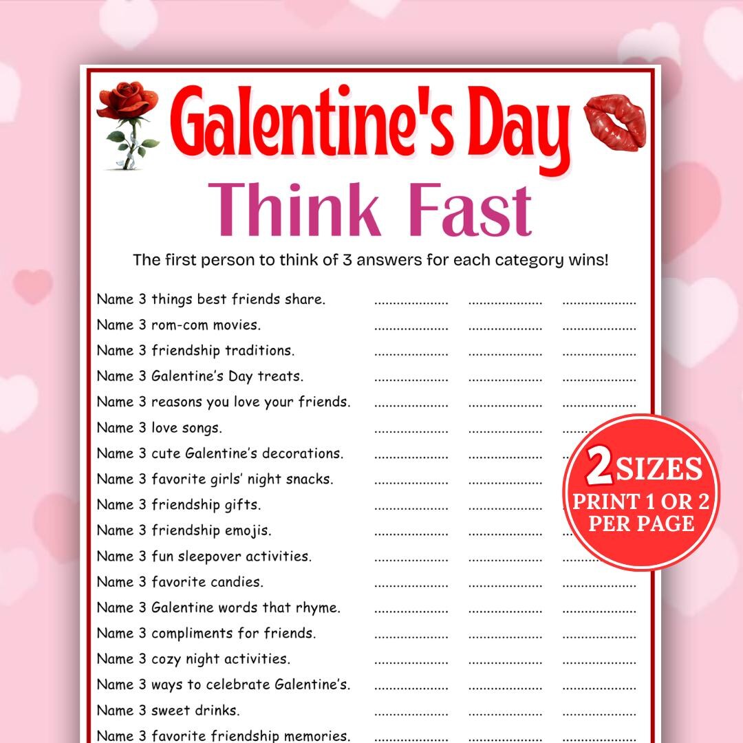 Galentine's Day Think Fast Game, Think Quick, Trivia for Kids & Adults ...