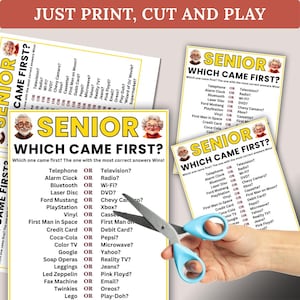 Which Came First Senior Trivia Game, Icebreaker Game for Elderly Nursing Home, Retirement Party Idea, Senior Center Game, Family Game Night
Which Came First Seniors, Games for Senior Citizens Games for Elderly Icebreaker Senior Citizens Birthday Seniors Party Games Seniors Memory
Senior Which Came First Game, Memory Game for Senior Citizens, Brain Games for the Elderly, Retirement Home Game, Seniors Center Trivia Game