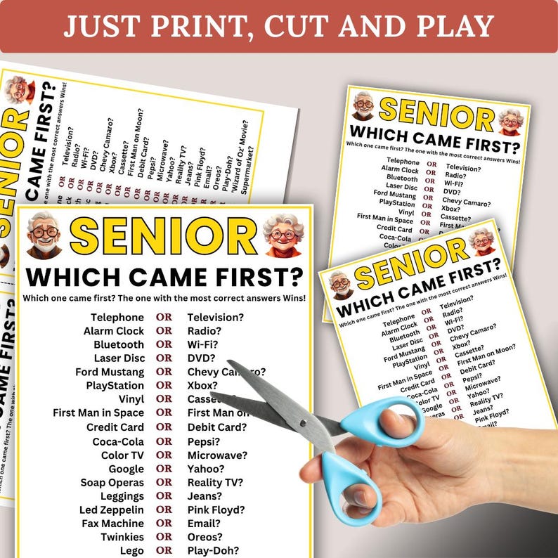 Which Came First Senior Trivia Game, Icebreaker Game for Elderly Nursing Home, Retirement Party Idea, Senior Center Game, Family Game Night
Which Came First Seniors, Games for Senior Citizens Games for Elderly Icebreaker Senior Citizens Birthday Seniors Party Games Seniors Memory
Senior Which Came First Game, Memory Game for Senior Citizens, Brain Games for the Elderly, Retirement Home Game, Seniors Center Trivia Game